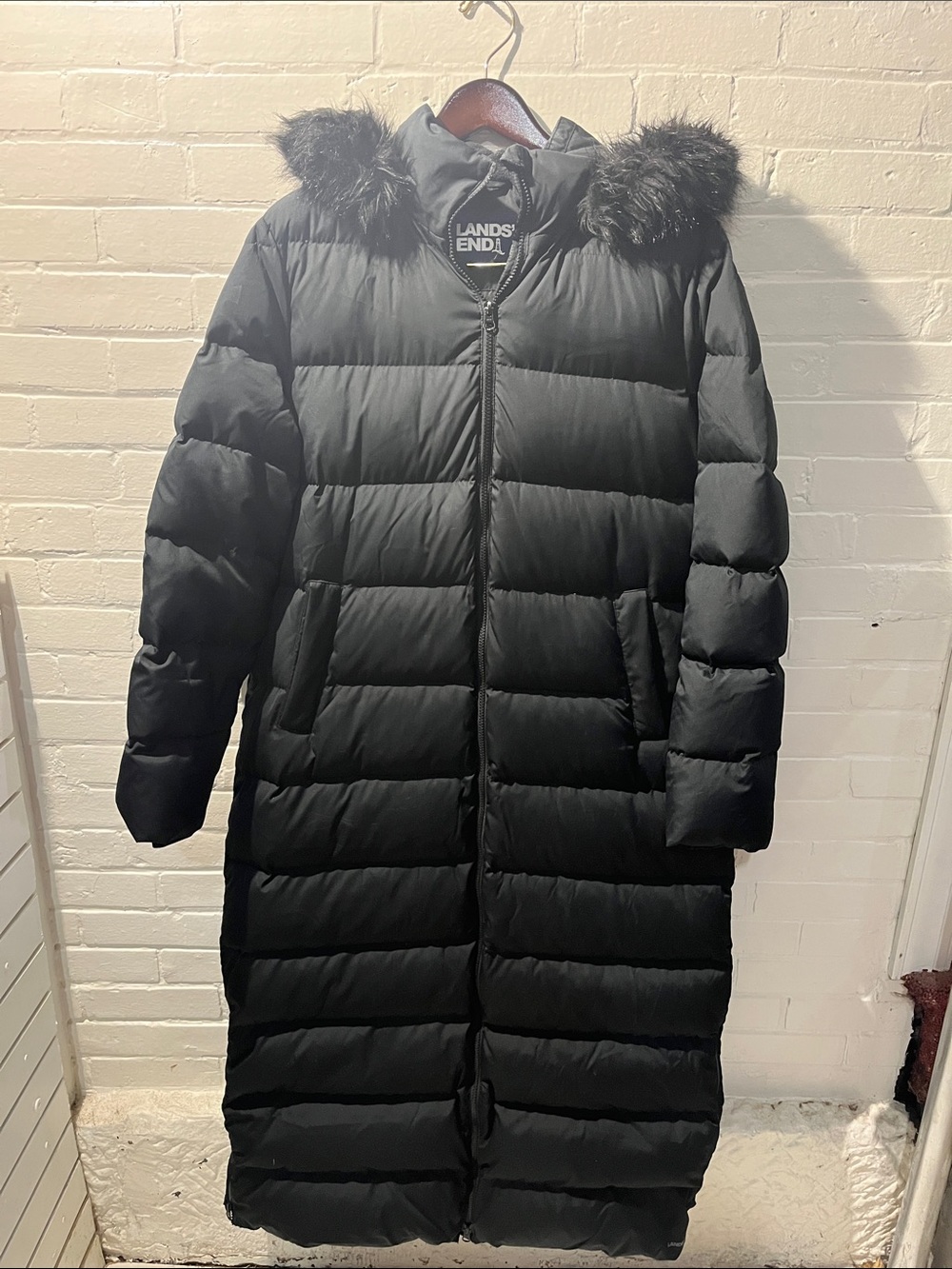 Lands' End Black Long Quilted Puffer Coat with Faux Fur Trim Hood